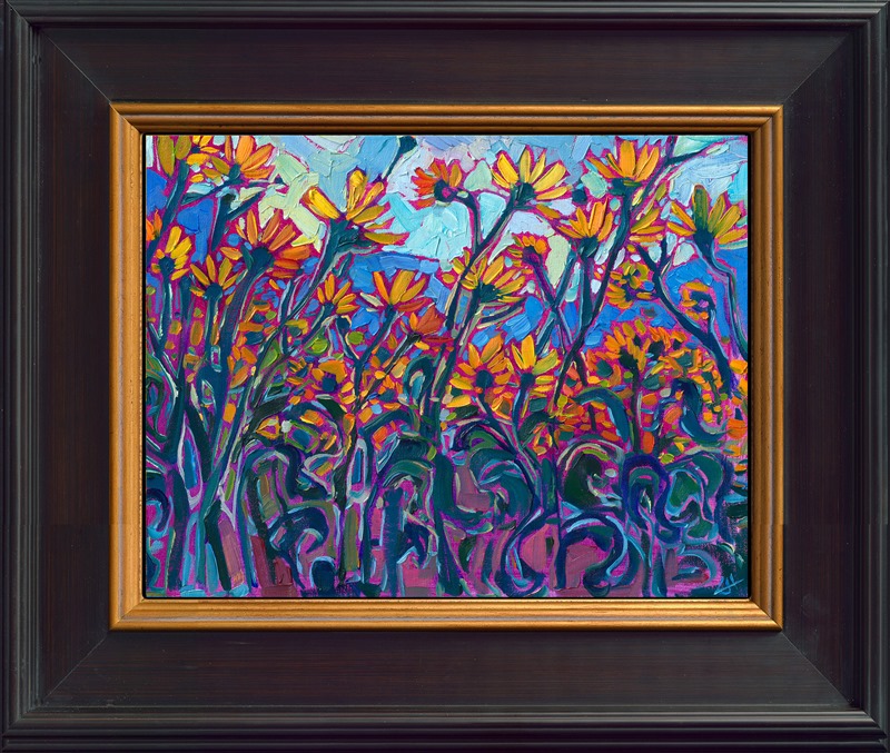 Yellow flowers bloom in an abundance of sunny color during a desert super bloom. This painting captures the desert wildflowers at Borrego Springs, in southern California. Erin Hanson applies impasto brush strokes of oil paint are laid side by side, without overlapping, in her signature technique of Open Impressionism, creating a mosaic of color and texture across the canvas with her brush.</p><p>"Lemon Blooms" is an original oil painting created on linen board. The piece arrives in a mock floater frame, ready to hang.</p><p>This piece will be displayed in Erin Hanson's annual <i><a href="https://www.erinhanson.com/Event/petiteshow2023">Petite Show</i></a> in McMinnville, Oregon. This painting is available for purchase now, and the piece will ship after the show on November 11, 2023.