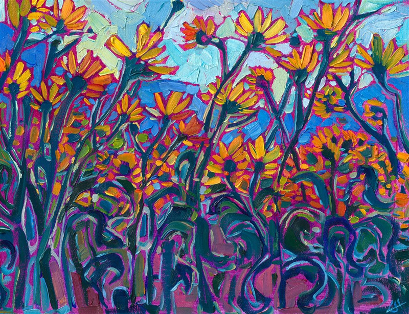 Yellow flowers bloom in an abundance of sunny color during a desert super bloom. This painting captures the desert wildflowers at Borrego Springs, in southern California. Erin Hanson applies impasto brush strokes of oil paint are laid side by side, without overlapping, in her signature technique of Open Impressionism, creating a mosaic of color and texture across the canvas with her brush.</p><p>"Lemon Blooms" is an original oil painting created on linen board. The piece arrives in a mock floater frame, ready to hang.</p><p>This piece will be displayed in Erin Hanson's annual <i><a href="https://www.erinhanson.com/Event/petiteshow2023">Petite Show</i></a> in McMinnville, Oregon. This painting is available for purchase now, and the piece will ship after the show on November 11, 2023.