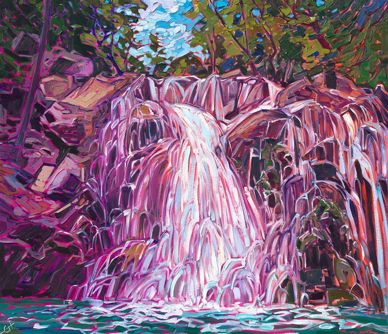 The mammoth waterfalls along Lewis Creek Trail are captured here in bold, impasto brush strokes and vibrant color. The impressionistic brush strokes capture the motion and changing beauty of the falls.</p><p>