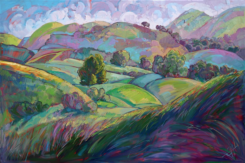 Pale lavender light is spread over this landscape like buttery taffy. The layers of rolling hills are like soft beds for the oak trees to nestle into. Oil paint is applied in thick brush strokes that create an intriguing play of texture within the changing color.</p><p>This painting was created on museum-depth canvas, with the painting continued around the edges of the stretched canvas. It arrives ready to hang without a frame. 