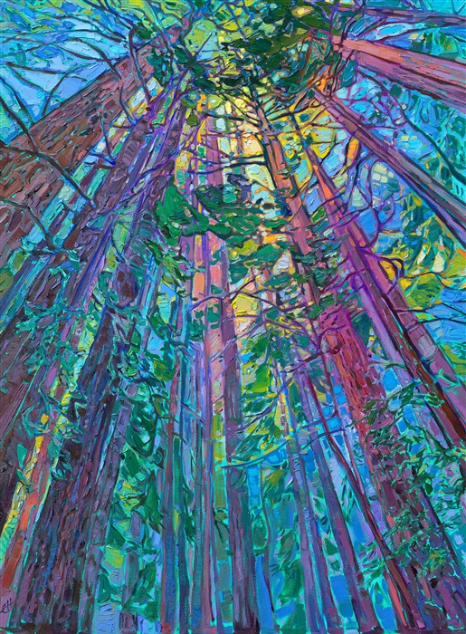 This painting captures the scintillating beauty you see looking up into giant California redwood trees. The sunlight seems to be rainbow-hued and ever-changing, sprinkling down through the far-off fronds. This painting was inspired by the quiet majesty of Muir Woods in northern California.