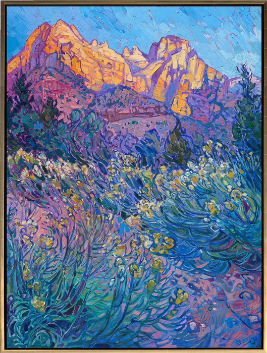 Yellow wildflowers blanket the valley floor in Zion National Park in late summer. This painting captures the first light of dawn striking the Court of the Patriarchs, as seen from the Pa'rus Trail. Thick brush strokes of oil paint laid side by side, without layering, capture the texture and color of the landscape.</p><p>This painting was exhibited at <i>Erin Hanson: Landscapes of the West </i> solo museum exhibition at the Sears Art Museum in St. George, Utah.