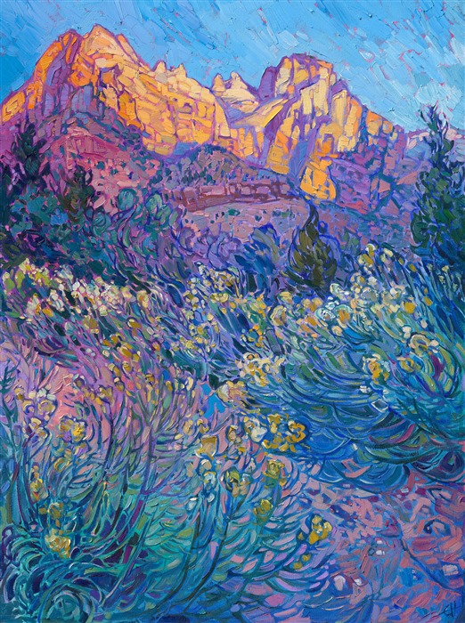 Yellow wildflowers blanket the valley floor in Zion National Park in late summer. This painting captures the first light of dawn striking the Court of the Patriarchs, as seen from the Pa'rus Trail. Thick brush strokes of oil paint laid side by side, without layering, capture the texture and color of the landscape.<br/><b>Note:<br/>"Light of Dawn" is available for pre-purchase and will be included in the <i><a href="https://www.erinhanson.com/Event/SearsArtMuseum" target="_blank">Erin Hanson: Landscapes of the West</a> </i>solo museum exhibition at the Sears Art Museum in St. George, Utah. This museum exhibition, located at the gateway to Zion National Park, will showcase Erin Hanson's largest collection of Western landscape paintings, including paintings of Zion, Bryce, Arches, Cedar Breaks, Arizona, and other Western inspirations. The show will be displayed from June 7 to August 23, 2024.</p><p>You may purchase this painting online, but the artwork will not ship after the exhibition closes on August 23, 2024.</b><br/><p>