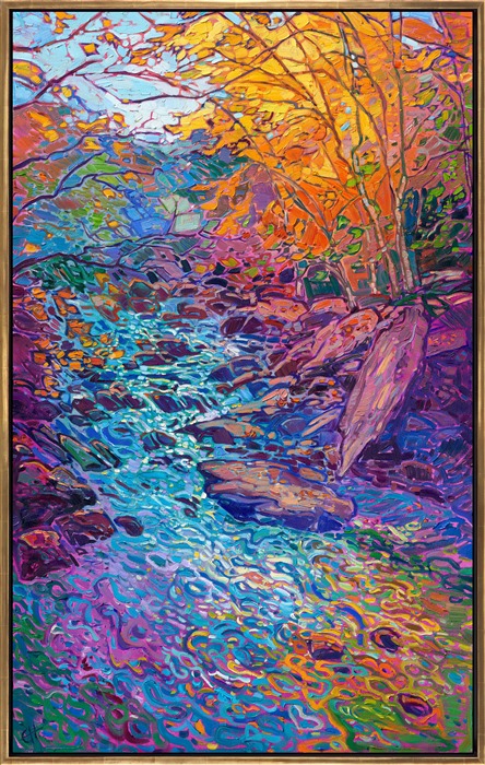 The Blue Ridge Mountains in full autumn glory is a sight everyone should see once. Did you know more people visit Blue Ridge Parkway than any other National Park in America? In fact, it is known as "America's Favorite Drive." This painting captures it all -- brilliant color, baby blue skies, and delicate creeks that reflect the fall colors all around.