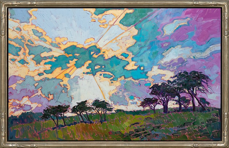 A radiant sky bursts with expressive color over the low rolling landscape of Texas hill country. The impressionistic brush strokes capture the life and movement of the scene.</p><p>"Lighted Clouds" was created on 1-1/2" canvas, with the painting continued around the edges of the painting. The work arrives framed in a carved floater frame designed by Erin Hanson.