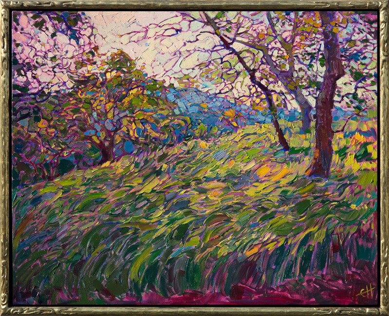 Long waves of grass tumble in the wind in this painting of Mariposa, the beautiful wine country west of Yosemite National Park. The spring green grass is alive with color, drenched from the El Nino rain.  This painting is alive with impasto texture from the oil paint, which adds a beautiful dimension to the painting.</p><p>This painting was created on 1-1/2"-deep canvas, with the painting continued around the edges of the canvas.  It has been framed in a hand-carved Open Impressionist frame. Read more about the <a href="https://www.erinhanson.com/Blog?p=AboutErinHanson" target="_blank">painting's details here.</a>