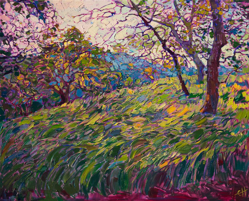 Long waves of grass tumble in the wind in this painting of Mariposa, the beautiful wine country west of Yosemite National Park. The spring green grass is alive with color, drenched from the El Nino rain.  This painting is alive with impasto texture from the oil paint, which adds a beautiful dimension to the painting.</p><p>This painting was created on 1-1/2"-deep canvas, with the painting continued around the edges of the canvas.  It has been framed in a hand-carved Open Impressionist frame. Read more about the <a href="https://www.erinhanson.com/Blog?p=AboutErinHanson" target="_blank">painting's details here.</a>
