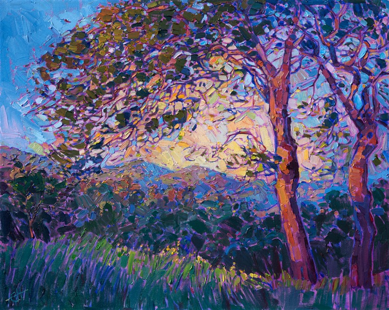 Delicate colored light plays through these oak trees, dancing in and out of the criss-crossing branches.  The changing light appears to have a mosaic effect when seen through the trees.  The oil paint is applied in thick, textural strokes, creating a beautiful painterly scene.</p><p>