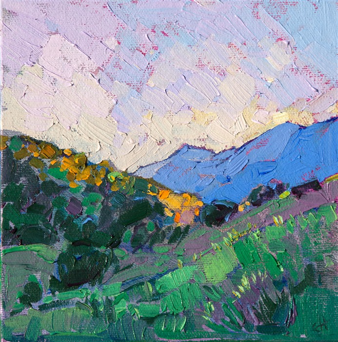 Start your art collection with a small original oil painting in Hanson's contemporary impressionist style.  This painting has loose, expressive brush strokes and vivid color that perfectly captures the beauty of the outdoors.</p><p>These petite works are part of the 12 Days of Christmas Collection, which are being released one painting per day, starting on December 5th.  Each 6x6 oil painting is beautifully framed in a classic floater frame, which allows you to enjoy the brush strokes all the way to the edge of the painting.