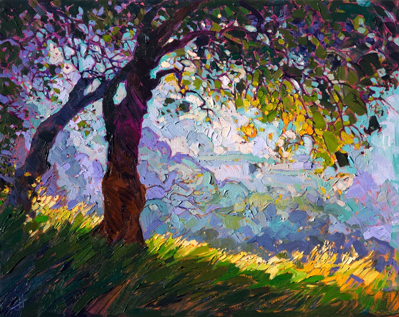 The overhanging branches of oak trees provide endless inspirations for landscape compositions. This tranquil painting lulls you to peaceful recollections, while exciting the imagination with streaks of unexpected color. The brush strokes are loose and expressionistic, creating a mosaic of texture across the canvas.</p><p>This painting was created on gallery-depth canvas, with the painting continued around the edges. This painting may be hung without being framed, as the sides are painted as a continuation of the piece.