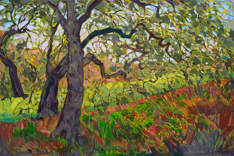 Pale green light filters through these California oak trees.  The abstract shapes formed by the gnarled branches are captured with thick brush strokes that accent the mosaic quality of the light.</p><p>This painting was created on museum-depth canvas, with the painting continued around the edges of the stretched canvas. It arrives ready to hang without a frame. (Please contact the artist if you would like information on framing options.)</p><p>