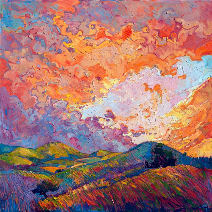 Fresh sunset color spreads its light across the canvas in this painting of Paso Robles, California wine country.  Each impasto brush stroke adds to the movement of the painting, creating a mosaic of color and life.