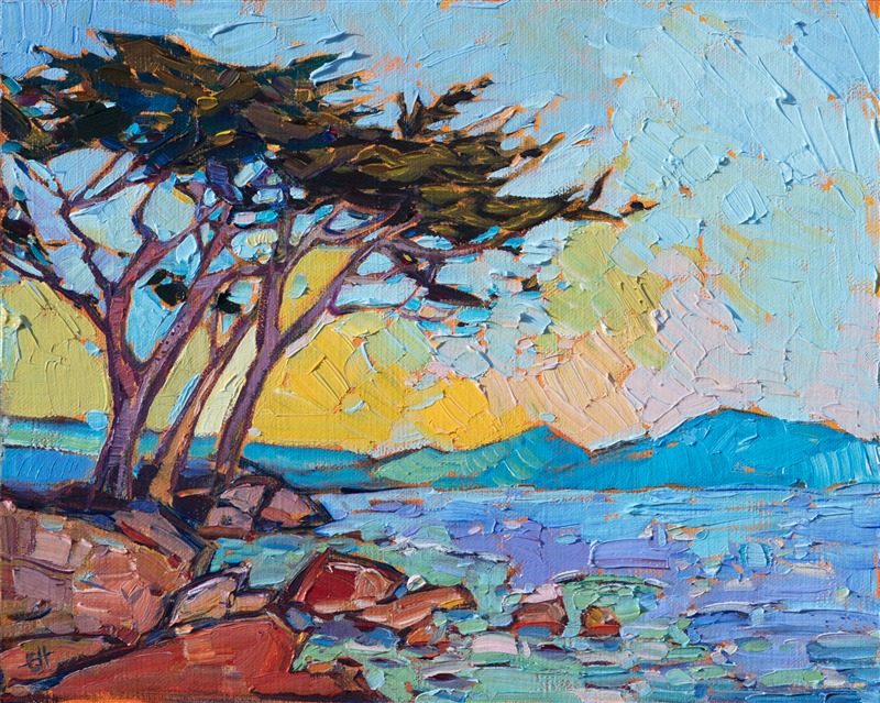 The purple rocks and cypress trees of Pebble Beach on the Monterey Pennisula are captured in this small impressionism painting. The curving coastline can be seen in the distance across the ocean waters.</p><p>This painting was done on 1/8" canvas, and it arrives framed and ready to hang.