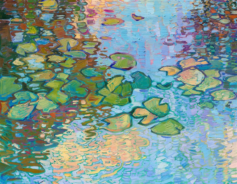 Claude Monet's water lily garden is synonymous with "impressionism" for many art lovers. Monet's water lily pond continues to inspire large-scale impressionist paintings to the present day. This painting, "Lilies Dreaming," was created by Open Impressionist Erin Hanson, who is carrying forward the tradition of the impressionists with a modern-day twist. In her paintings, she does not overlap her brushstrokes of oil paint; instead, she places her strokes side by side, getting each stroke "right the first time" and allowing the natural texture and movement of the oil paint to express itself in her works.