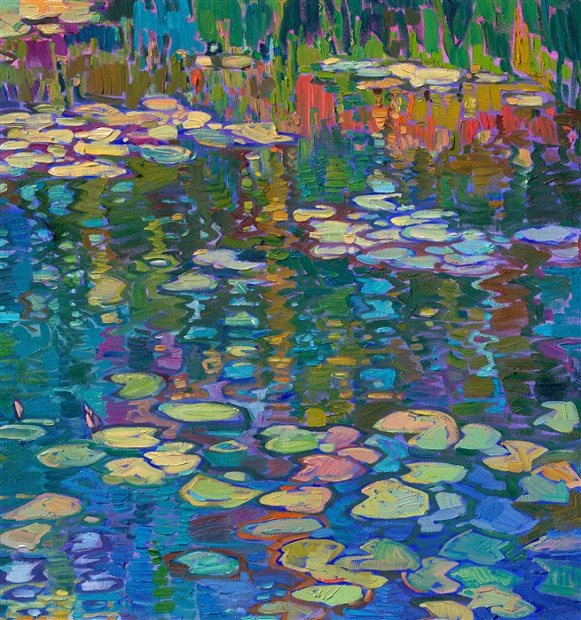 Claude Monet's water lily garden is synonymous with "impressionism" for many art lovers. Monet's water lily pond continues to inspire large-scale impressionist paintings to the present day. This painting, "Lilies Dreaming," was created by Open Impressionist Erin Hanson, who is carrying forward the tradition of the impressionists with a modern-day twist. In her paintings, she does not overlap her brushstrokes of oil paint; instead, she places her strokes side by side, getting each stroke "right the first time" and allowing the natural texture and movement of the oil paint to express itself in her works.