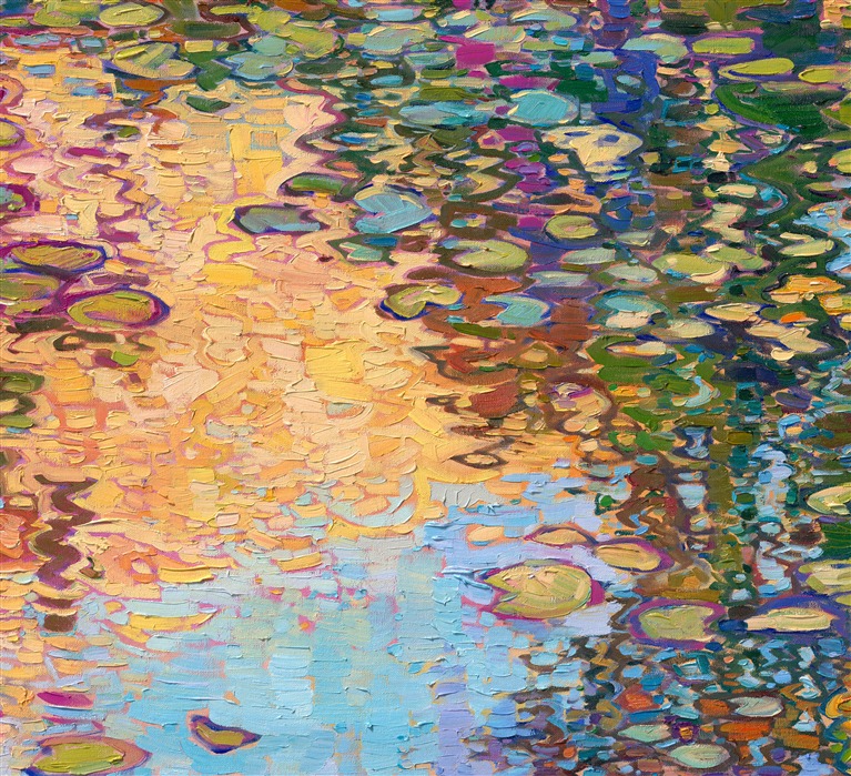 Claude Monet's water lily garden is synonymous with "impressionism" for many art lovers. Monet's water lily pond continues to inspire large-scale impressionist paintings to the present day. This painting, "Lilies Dreaming," was created by Open Impressionist Erin Hanson, who is carrying forward the tradition of the impressionists with a modern-day twist. In her paintings, she does not overlap her brushstrokes of oil paint; instead, she places her strokes side by side, getting each stroke "right the first time" and allowing the natural texture and movement of the oil paint to express itself in her works.