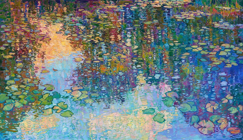 Claude Monet's water lily garden is synonymous with "impressionism" for many art lovers. Monet's water lily pond continues to inspire large-scale impressionist paintings to the present day. This painting, "Lilies Dreaming," was created by Open Impressionist Erin Hanson, who is carrying forward the tradition of the impressionists with a modern-day twist. In her paintings, she does not overlap her brushstrokes of oil paint; instead, she places her strokes side by side, getting each stroke "right the first time" and allowing the natural texture and movement of the oil paint to express itself in her works.