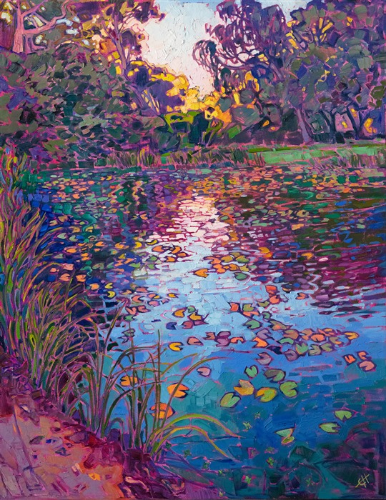 The still waters of a lilies pond reflect the colors of late afternoon light. This painting was inspired by the gardens in the Norton Simon Museum in Pasadena. The impressionist brush strokes capture the fleeting light of the scene.

"Lilies Reflection" was created on 1-1/2" canvas, with the painting continued around the edges. The painting arrives framed in a contemporary gold floating frame, ready to hang.