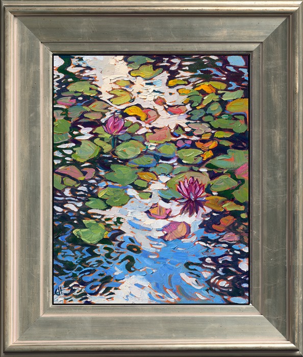 Erin Hanson, creator of Open Impressionism, captures Monet's water lily garden with thick, expressive brush strokes of oil paint. The ever-changing reflections of blue sky and clouds move in and out of the tree's reflections.