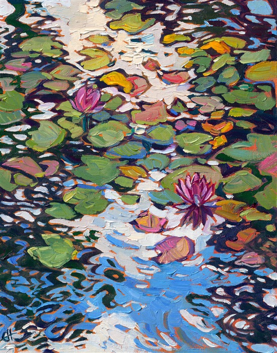 Erin Hanson, creator of Open Impressionism, captures Monet's water lily garden with thick, expressive brush strokes of oil paint. The ever-changing reflections of blue sky and clouds move in and out of the tree's reflections.