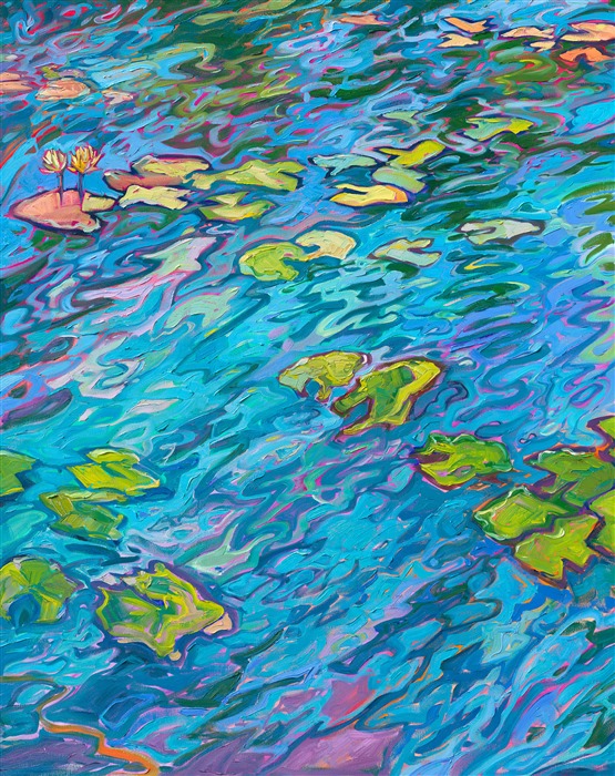 This large, expansive oil painting captures a beautiful water lily pond near San Diego's Museum of Art in Balboa Park. The impressionist painting captures the ever-changing hues of colors that ripple across the water beneath the floating water lilies and their graceful blooms. The painting reminds one of a blend of Monet and van Gogh.</p><p>"Lilies in Triptych" was created on three separate canvases, 1-1/2" deep. The painting is continued around the edges of the painting so that you see additional dimensions to the painting when viewed from the side. This piece was designed to hang without framing, with each panel hanging 1 1/2 inches apart, with a total width (including gaps) of 123 inches.
