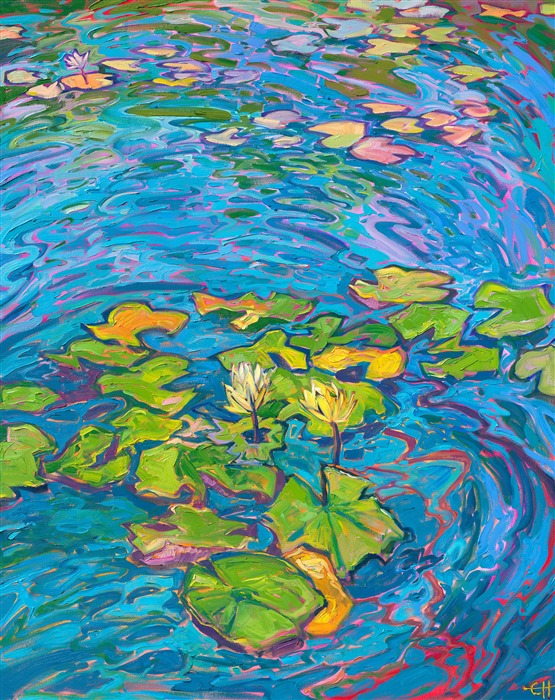 This large, expansive oil painting captures a beautiful water lily pond near San Diego's Museum of Art in Balboa Park. The impressionist painting captures the ever-changing hues of colors that ripple across the water beneath the floating water lilies and their graceful blooms. The painting reminds one of a blend of Monet and van Gogh.</p><p>"Lilies in Triptych" was created on three separate canvases, 1-1/2" deep. The painting is continued around the edges of the painting so that you see additional dimensions to the painting when viewed from the side. This piece was designed to hang without framing, with each panel hanging 1 1/2 inches apart, with a total width (including gaps) of 123 inches.