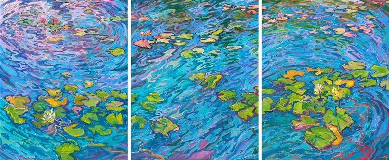 This large, expansive oil painting captures a beautiful water lily pond near San Diego's Museum of Art in Balboa Park. The impressionist painting captures the ever-changing hues of colors that ripple across the water beneath the floating water lilies and their graceful blooms. The painting reminds one of a blend of Monet and van Gogh.</p><p>"Lilies in Triptych" was created on three separate canvases, 1-1/2" deep. The painting is continued around the edges of the painting so that you see additional dimensions to the painting when viewed from the side. This piece was designed to hang without framing, with each panel hanging 1 1/2 inches apart, with a total width (including gaps) of 123 inches.