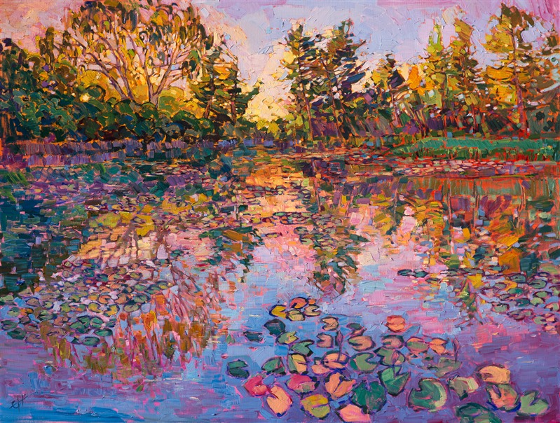 A lilies pond in the courtyard at the Norton Simon Museum inspired this impressionist painting. The warm colors of late afternoon bathed the scene with hues of pink and gold.<br/>