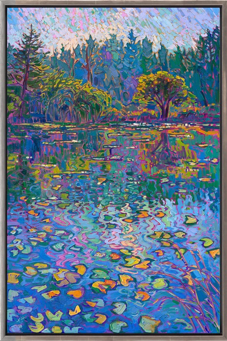 Cool shadows of blue and green capture the calm reflections of a lily pond in Oregon's Willamette Valley. The impasto brush strokes capture the depth and movement of the scene, in an impressionist style reminiscent of Monet.</p><p>"Lily Blues" is an original oil painting created on gallery-depth canvas. The piece arrives framed in a burnished silver frame, ready to hang.