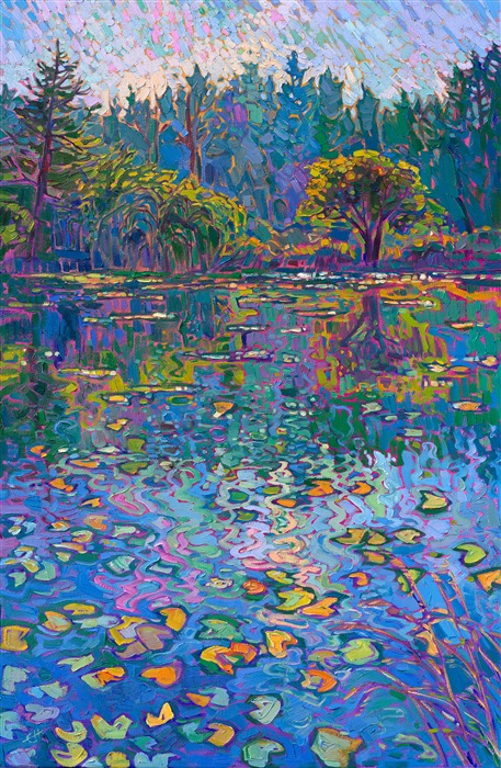 Cool shadows of blue and green capture the calm reflections of a lily pond in Oregon's Willamette Valley. The impasto brush strokes capture the depth and movement of the scene, in an impressionist style reminiscent of Monet.</p><p>"Lily Blues" is an original oil painting created on gallery-depth canvas. The piece arrives framed in a burnished silver frame, ready to hang.