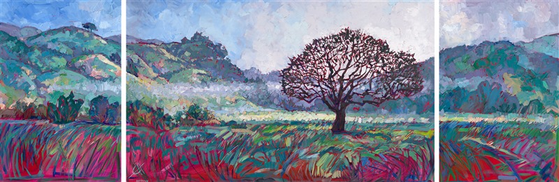 The early morning sunlight only has burned away all but a lingering line of mist between the hills, in this impressionistic painting of central California. The magenta underpainting plays against the green hills, creating a vibrancy of color. This epic landscape was painted on three separate panels designed to hang two inches apart. The canvases are 1-1/2" deep and are unframed with the sides painted.

This painting is being sold on consignment.