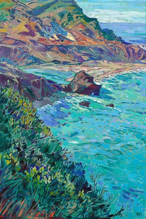 California's famous Highway 1 has a beautiful stretch of coastline between Carmel-by-the-Sea and Big Sur, dotted with white sand beaches and turquoise-colored coves. This point, called Little Sur, is a beautiful place to paint, where the colors change with the seasons.
