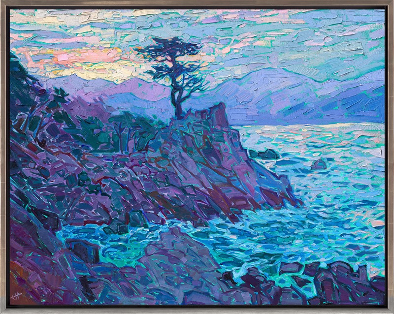Waking up before dawn, I went exploring along 17 Mile Drive. I watched the sun rise behind Lone Cypress, sitting all alone in the silent morning. This painting captures all the peace and beauty of that quiet moment.</p><p>"Lone Cypress Dawn" is an original oil painting created on gallery-depth canvas, with the painting wrapped around the edges of the canvas. The piece arrives framed in a silver floater frame, ready to hang.