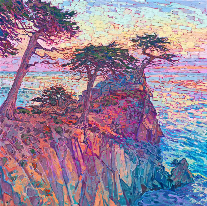 A grove of Monterey cypress trees grow along the rocky crags of Carmel, their twisted branches sculpted by the wind. The darkening shades of dusk cast purple and turquoise shadows across the coastal lansdscape.</p><p>"Lone Cypress Dusk" is an original oil painting created on gallery-depth canvas, with the painting continued around the edges. The piece arrives framed in a contemporary gold floater frame, ready to hang.