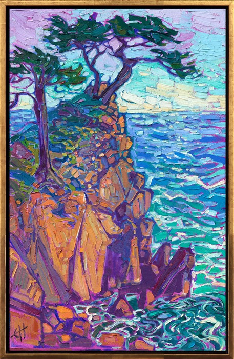 This oil painting captures the colors of Carmel with thick, impressionistic brush strokes. The contrast between the sunset-colored rocks and the turquoise waves creates a sense of movement and excitement within the piece. Erin Hanson's modern style of painting is called Open Impressionism, and it involves placing brush strokes side-by-side, without layering. The effect is a stained-glass or mosaic look to her oil paintings.