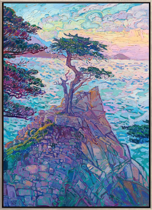 Lone Cypress on 17 Mile Drive has been painted by plein air painters and Early California painters since the dawn of Carmel's artist colony. This beloved cypress tree has a lot of history and is the most photographed and painted tree on the Monterey Peninsula. This painting by Erin Hanson captures the beautiful colors of dusk with thick, expressive brush strokes.