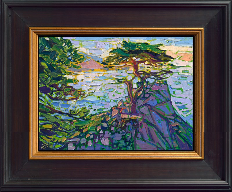 A petite view of Lone Cypress on Seventeen Mile Drive captures the beauty and color of late afternoon. The brush strokes capture the glinting, ever-changing light with vibrant color, like a stained glass mosaic.</p><p>"Lone Cypress Spring" is an original oil painting on linen board, by Erin Hanson. The piece arrives framed in a black and gold plein air frame.