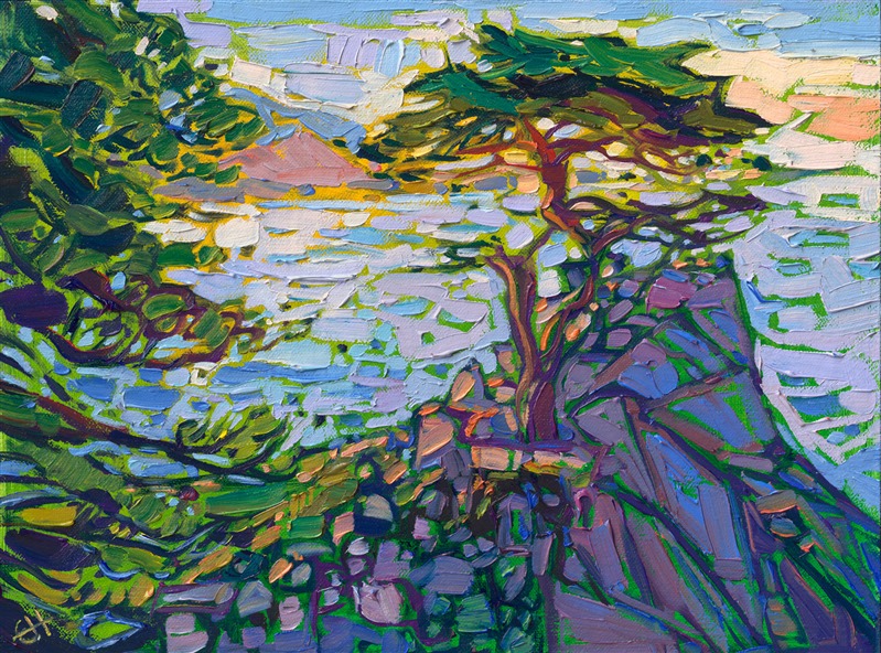 A petite view of Lone Cypress on Seventeen Mile Drive captures the beauty and color of late afternoon. The brush strokes capture the glinting, ever-changing light with vibrant color, like a stained glass mosaic.</p><p>"Lone Cypress Spring" is an original oil painting on linen board, by Erin Hanson. The piece arrives framed in a black and gold plein air frame.