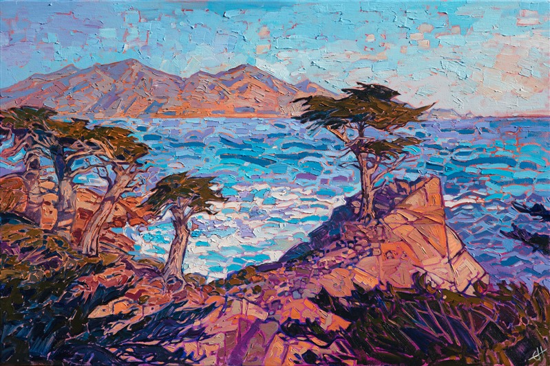 This view of Lone Cypress captures a rocky outcropping basking in the early morning sun rays. The wind-swept cypress trees dance along the rocky cliffs near Monterrey. Each brush stroke is fresh and full of energy and motion, a contemporary impressionistic rendition of a classic scene.</p><p>This painting was created on 1-1/2" canvas, with the painting continued around the edges of the gallery-depth canvas. The piece will be framed in a custom gold floater frame.