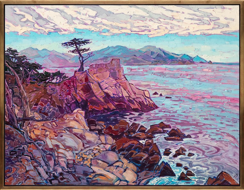 A lone cypress tree stands on a rocky outcropping in Carmel, California. The warm hues of dusk cast colorful reflections across the water and long the multi-colored rocks. The thickly applied brush strokes add a dimension of movement to the piece.</p><p>"Lone Pine Dusk" was created on 1-1/2" canvas. This piece arrives framed in a contemporary gold floater frame finished in 23kt burnished gold leaf.
