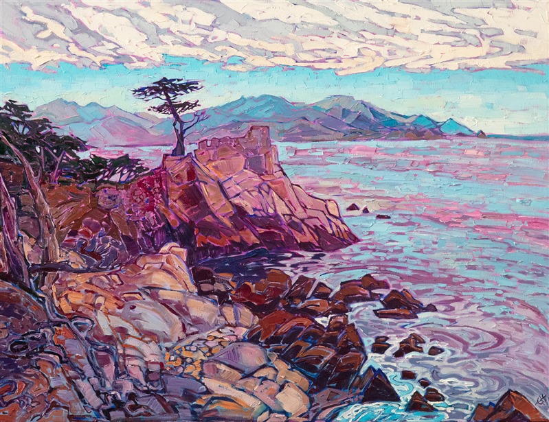 A lone cypress tree stands on a rocky outcropping in Carmel, California. The warm hues of dusk cast colorful reflections across the water and long the multi-colored rocks. The thickly applied brush strokes add a dimension of movement to the piece.</p><p>"Lone Pine Dusk" was created on 1-1/2" canvas. This piece arrives framed in a contemporary gold floater frame finished in 23kt burnished gold leaf.