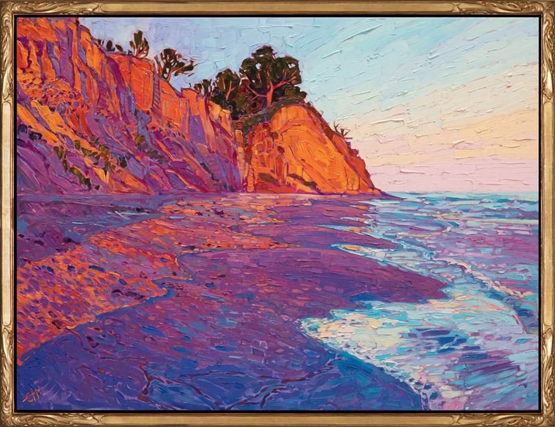 Loon Point in Santa Barbara is captured in vivid, impressionist oils. The loose brush strokes and expressive color palette bring to life the feeling of walking along the wet sands, waiting for the light to change to sunset and dusk.</p><p>"Loon Point" was created on 1-1/2" canvas, with the sides of the gallery-wrap finished. The piece arrives framed in an Open Impressionism frame, a hand-carved and gilded floater frame designed by the artist.