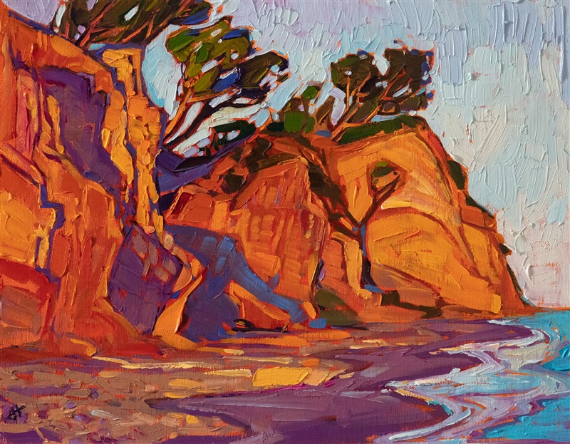 Loon Point, a popular beach in Santa Barbara, is captured here in luscious strokes of impasto oil paint. The warm colors of sunset light up the canvas with expressionistic feeling and color.</p><p>"Loon Point II" was created on 1/8" linen board, and it arrives framed in a classic gold plein air frame.
