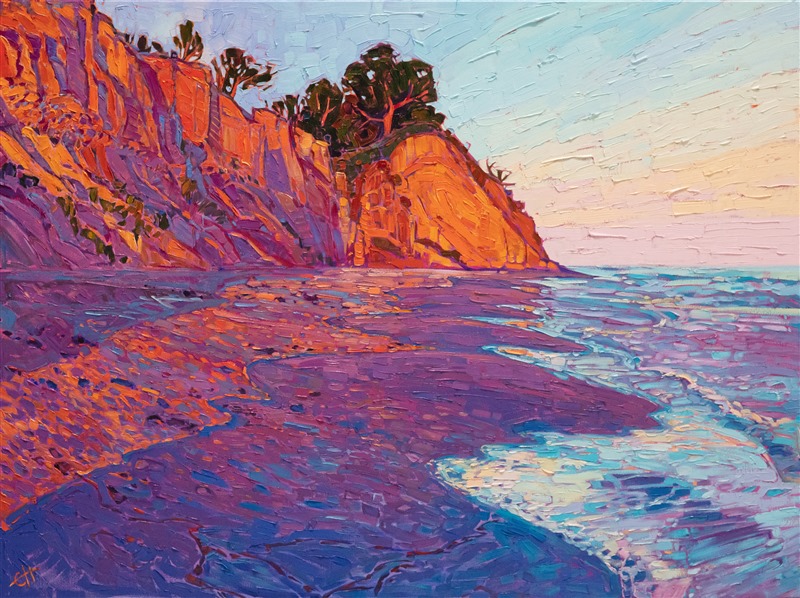 Loon Point in Santa Barbara is captured in vivid, impressionist oils. The loose brush strokes and expressive color palette bring to life the feeling of walking along the wet sands, waiting for the light to change to sunset and dusk.</p><p>"Loon Point" was created on 1-1/2" canvas, with the sides of the gallery-wrap finished. The piece arrives framed in an Open Impressionism frame, a hand-carved and gilded floater frame designed by the artist.
