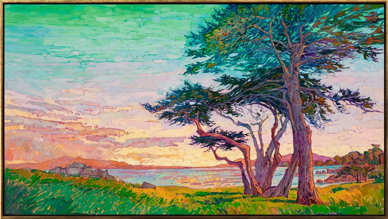 The wind-sculpted arms of the Monterey cypress tree curve against a dawning sky. This painting of Lover's Point, near Monterey, captures the beautiful vista spread out in all directions. Each brush stroke is thickly applied without layering, creating a mosaic of texture across the canvas.</p><p>"Lover's Cypress" was created on 1-1/2" canvas, with the painting continued around the edges. The painting arrives framed in a contemporary gold floater frame.