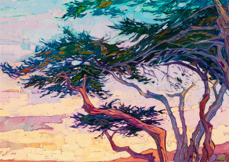 The wind-sculpted arms of the Monterey cypress tree curve against a dawning sky. This painting of Lover's Point, near Monterey, captures the beautiful vista spread out in all directions. Each brush stroke is thickly applied without layering, creating a mosaic of texture across the canvas.</p><p>"Lover's Cypress" was created on 1-1/2" canvas, with the painting continued around the edges. The painting arrives framed in a contemporary gold floater frame.