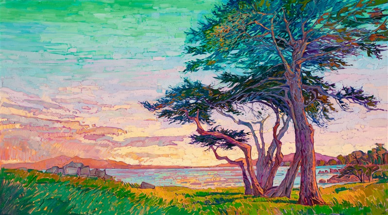 The wind-sculpted arms of the Monterey cypress tree curve against a dawning sky. This painting of Lover's Point, near Monterey, captures the beautiful vista spread out in all directions. Each brush stroke is thickly applied without layering, creating a mosaic of texture across the canvas.</p><p>"Lover's Cypress" was created on 1-1/2" canvas, with the painting continued around the edges. The painting arrives framed in a contemporary gold floater frame.