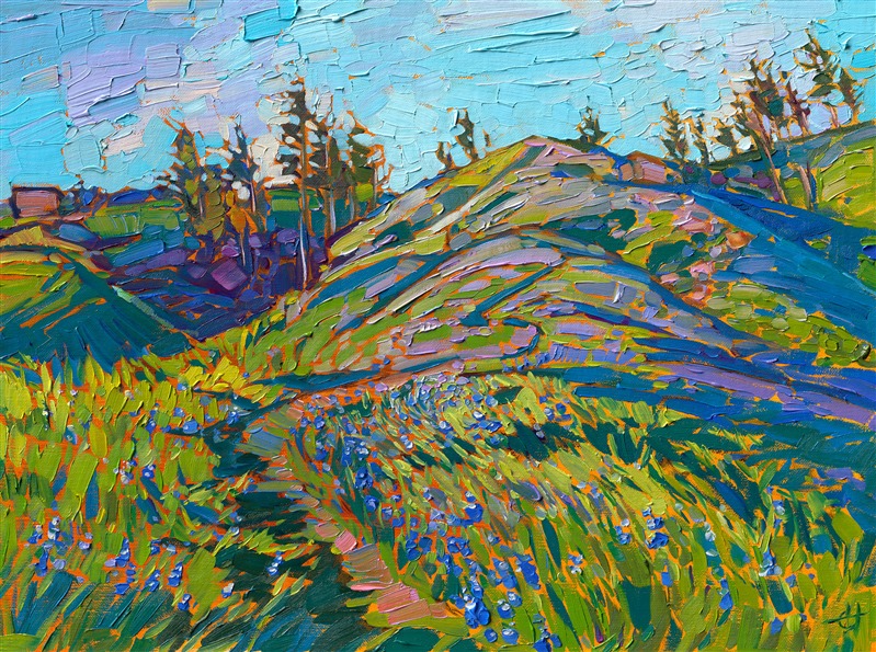 Rolling hills in central California are covered in springtime grass and thick beds of lupin growing as far as the eye can see. The calming hues of the landscape are captured in thick, painterly strokes of rich oil paint.</p><p>"Lupin Fields" was created on linen board, and the piece arrives framed and ready to hang in a plein air frame.