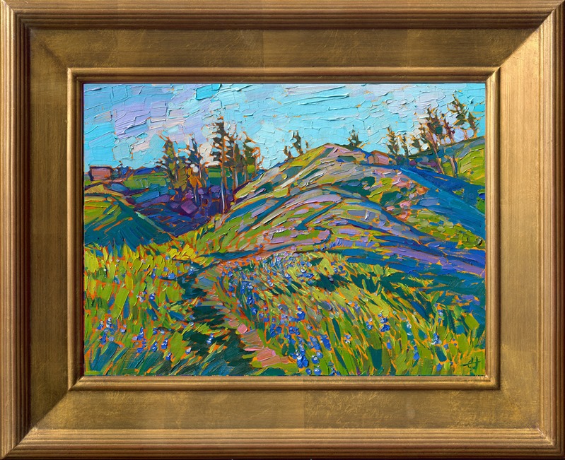 Rolling hills in central California are covered in springtime grass and thick beds of lupin growing as far as the eye can see. The calming hues of the landscape are captured in thick, painterly strokes of rich oil paint.</p><p>"Lupin Fields" was created on linen board, and the piece arrives framed and ready to hang in a plein air frame.