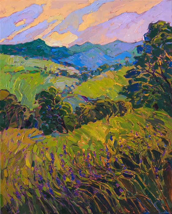 This painting was inspired by a hillside near Paso Robles that was covered in purple lupin wildflowers.  The warm afternoon light glints off the rounded oak trees and makes the sky glow with color.  I use thick, textural brush strokes to evoke a sense of movement within the painting.